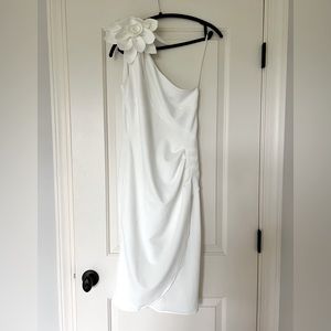 White midi one-shoulder wrap dress with flower detail